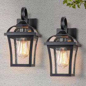 Hca2431-2w C Cattleya Matte Black Outdoor Hardwired Wall Lantern Sconces With Clear Seeded