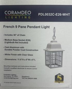 Coramdeo 850016800817 French Pane Outdoor Pendant Light For Patios Porches And More. New Coramdeo 850016800817 French Pane Outdoor Pendant Light For Patios Porches And More. New