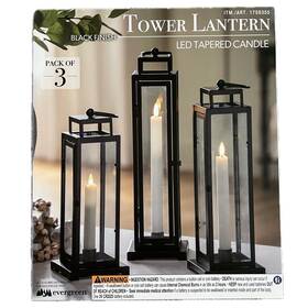 1759355 Evergreen Led Tapered Candle Black Finish Tower Lantern Pack Of 3