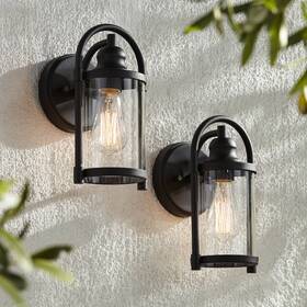 68d93 John Timberland Modern Outdoor Wall Lights Fixtures Set Of 2 Black 10 1/4 Inch Clear Glass Exterior