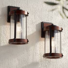 Ks263p8 John Timberland Stan 13 3/4 Inch High Black And Dark Wood Outdoor Wall Light Set Of 2