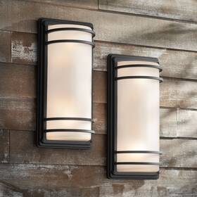 Ks264p8 John Timberland Habitat 16 Inch High Black And Frosted Glass Outdoor Wall Light Set Of 2 Ks264p8 John Timberland Habitat 16 Inch High Black And Frosted Glass Outdoor Wall Light Set Of 2