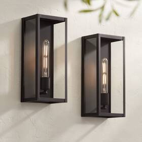Ks265p8 John Timberland Cornell 14 1/4 Inch High Sand Black Box Outdoor Wall Light Set Of 2