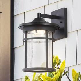 Jonathan Y 445051620662 Porto Large 14 Inch Black Integrated Led Outdoor Wall Lantern Crackled Glass/meta