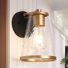 Fufzuzhd1063gy8 Lnc Modern Gold And Black Outdoor Wall Lantern Sconce With Textured Glass Shade