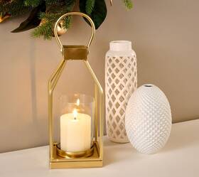 H466184 Lwya By Kim Gravel 16 Inch Metal Frame Lantern With Ribbed Candle In Gold No Glass