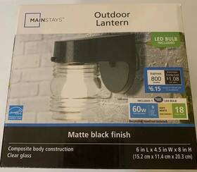 Main Stays 039208221689 New Mainstays Outdoor Lantern Black Finish Led Bulb Included 60w