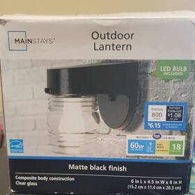 59208-22168 Mainstays Outdoor Lantern Matte Black Led Wall Mount 6x4.5x8in Energy Star