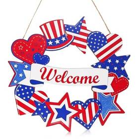 Manlyee 64dlrmp-c Patriotic 4th Of July Welcome Wooden Door Hanger Red White Blue Star Heart