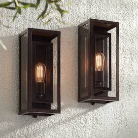 Ks983p2 Possini Euro Design Industrial Outdoor Wall Lights Set Of 2 Bronze 15 1/2 Inch For Post Exterior Barn