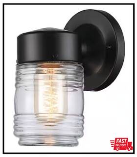 Private Brand Unbranded 736916726573 1-light Black Outdoor Jelly Jar Wall Lantern Sconce