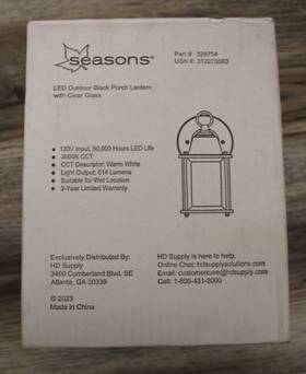 326754 Seasons 194671029924 Led Outdoor Black Porch Lantem With Clear Glass Part#326754 326754 Seasons 194671029924 Led Outdoor Black Porch Lantem With Clear Glass Part#326754