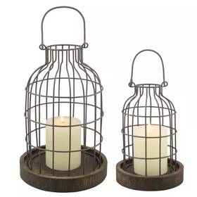 Stonebriar Collection 711181657838 11.5 Inch Brown Weathered Metal Lantern With Wood Base Set Of 2