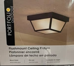 Portfolio, Black Outdoor Dimmable Flush Mount Light White Frosted Shade. Fixed Price $40.00.