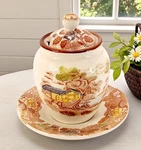 Vtg Nasco Mountain Woodland Jam Jelly Jar Mustard Honey Pot Underplate & Lid 5". Fixed Price $21.00.