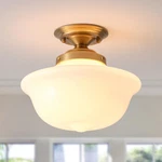 Schoolhouse Light Fixture, 12 Inch Black Finish With Milk Glass Semi Flush Mount. Fixed Price $195.17.