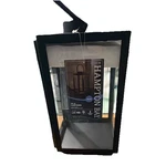 Hampton Bay 10IN Black Solar Built-in Led Metal Glass Hanging Lanterns 2PK. Fixed Price $17.99.