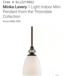 Minka Lavery 1-LIGHT Dark Noble Bronze Mini Pendant Etched Opal New Nib. Fixed Price $62.00.