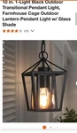 Uolfin 10 In. 1-LIGHT Black Outdoor Transitional Pendant Light, Farmhouse Cage. Fixed Price $39.98.