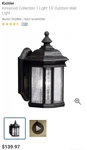 Kichler 9028BK Kirkwood Light 13" Outdoor Wall. Fixed Price $69.99.