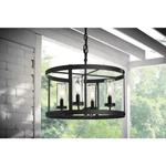 Home Decorators 18 In. Rockwell 4-LIGHT Matte Black Pendant Light, Clear Glass. Fixed Price $48.99.