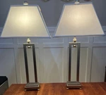 Uttermost Pair Brushed Aluminum Table Lamps W/square White Shades Xclnt Cond!. Fixed Price $105.00.