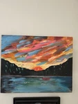 Sunset Over Lake Oil Painting - Vibrant Sky And Water Scene Northern Lights. Fixed Price $75.00.