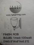 Trans Globe Lighting 3651 Rob Wall Sconce, Rubbed Oil Bronze, 1-LIGHT Opal Glass. Fixed Price $24.95.