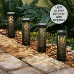 Set Of 4 Elegant Solar Lighted Silhouette Cutout Pathway Garden Staked Lights. Fixed Price $24.99.