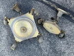 Antique Pair Pressed Brass Pan Ceiling Light Fixtures 6 Hubbell Fatboy Sockets. Fixed Price $468.00.
