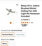 Betsy 44 In. Indoor Brushed Nickel Ceiling Fan With Light Kit Hardware Included. Fixed Price $70.00.