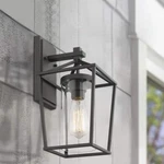 Large Exterior Outdoor Wall Sconce, Black W/ Clear Glass 14"TALL 7X8" 1-LIGHT. Fixed Price $36.70.