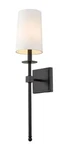 Filament Design Matte Black Wall Sconce With White Fabric Shade. Fixed Price $59.00.