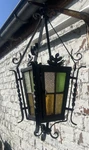 French Lantern Antique Pendant Light Fixture Porch Stained Glass Wrought Iron. Fixed Price $299.99.